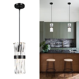 Ken & Ricky Crystal Pendant Light, Modern Black Pendant Light, Adjustable Island Lights for Kitchen Hallway Bathroom Bedroom, Two Style Options, KR3356-1PK