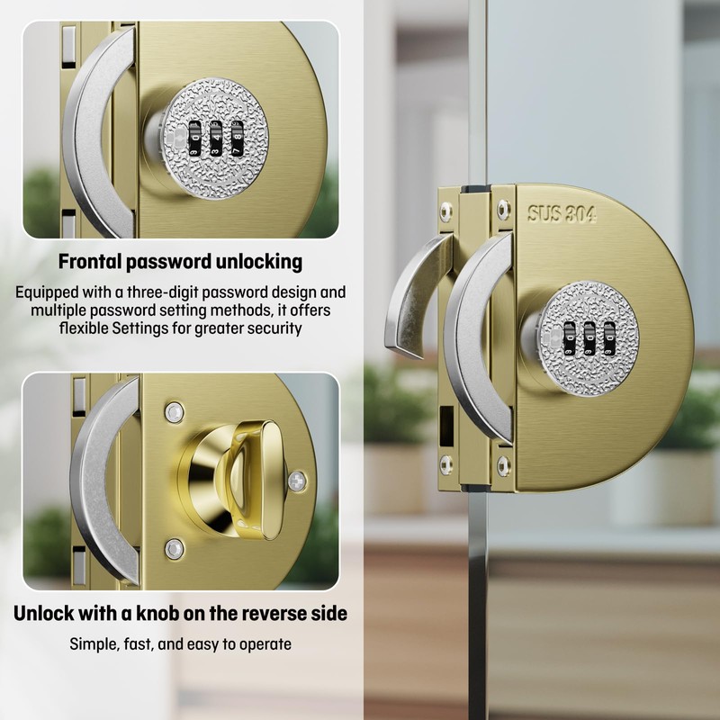 Ranbo Frameless Mechanical Combination Glass Door Lock, No-Drill Installation, Fits