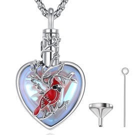 Vito 925 Sterling Silver Cardinal Urn Necklace for Ashes, Heart Moonstone Ashes Necklace for Women, Keepsake Pendant Necklace for Cremation Human Pet Ashes, 22", Sterling Silver, Moonstone