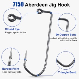 90 Degree Aberdeen Jig Hooks, 110pcs Long Shank Forged Duratin Jig Hooks Heavy Wire Jig Fishing Hooks High Carbon Steel Round Bend Barbarian Hooks Tackle 1/0-6/0