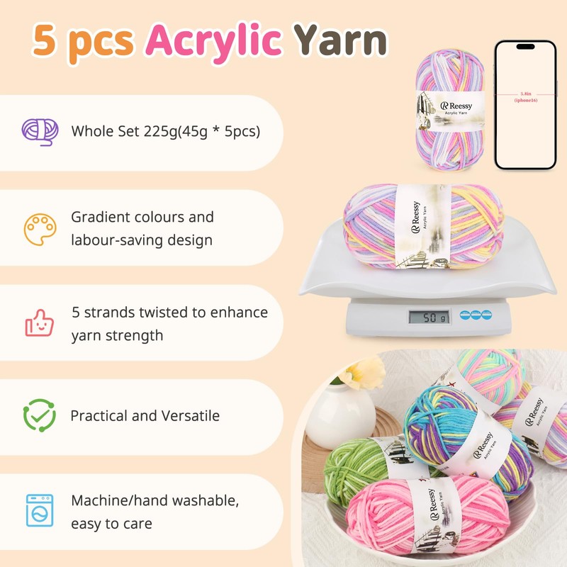 Reessy 225g Knitting Wool Acrylic Yarn Crochet Yarn Set, Super