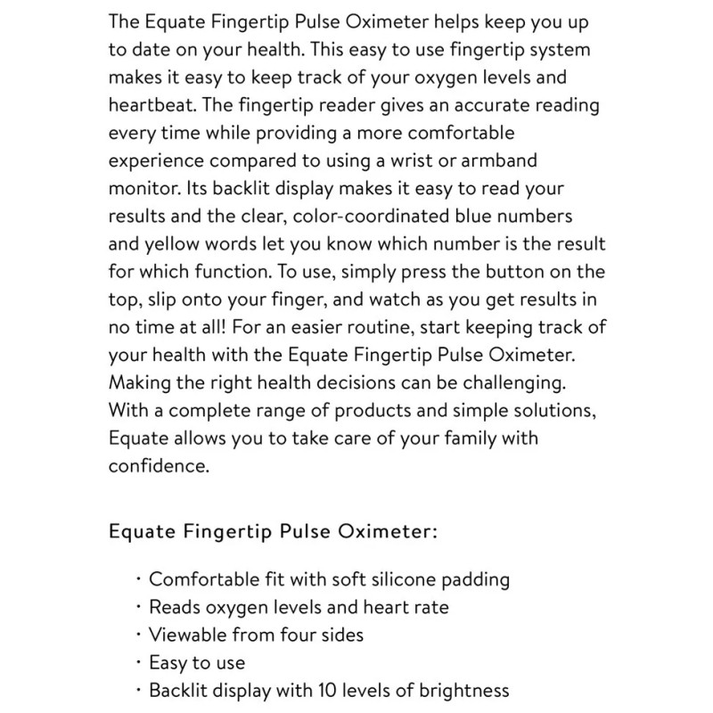 Equate Fingertip Pulse Oximeter Blood Oxygen Saturation Level Rate Monitor