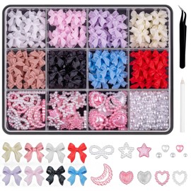 Nayyana 500-teiliges Set aus 3D-Nagelanhängern und Perlen mit flacher Rückseite, 8 Farben Nagelschleifen-Anhänger, Stern-Herz-Mond, niedliche Nageljuwelen für Nagelkunst-DIY-Dekoration