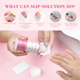 Saviland Slip Solution Kit - 120ML Anti-Stick Slip Solution for Poly Gel Nails & Builder Nail Gel with Nail Art Brush 200pcs Cleaning Pads Dappen Dish, Removing Sticky Layer of Gel & Cleaning Brush