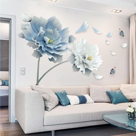 OCXEQJX Flower Wall Decals Large Purple Dandelion Butterfly Wall Stickers Hollow Out Flowers Wall Paper Removable Wall Art Decoration Peel and Stick Room Wall Decor for Bedroom Living Room (Blue)