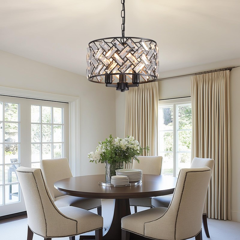 lobolighting Black Crystal Pendant Light, 3-Light Modern Chandelier, 11'' Round