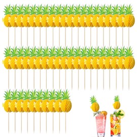 Yellow Pineapple Cocktail Picks – 50 Pineapple 3D Paper Honeycomb Wooden Sticks for Drinks, Cakes, and Party Decorations, Ideal for Summer and Hawaiian Parties