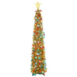 Pop Up Christmas Tree, 150cm/5ft Collapsible Artificial Tinsel Xmas Tree with LED Light/Star Dome Light for Xmas Home Party Indoor Outdoor Decor (Golden)