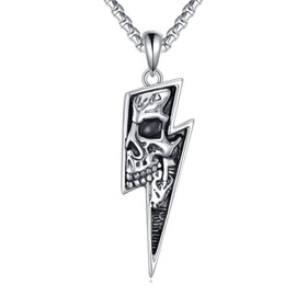KZX Skull Lightning Necklace 925 Sterling Silver Lightning Pendant Vintage Skull Necklace Jewelry Christmas Gifts for Men