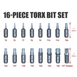 ARUCMIN 16-Piece Security Torx Bit Set T5-T50, Tamper Resistant Star Bits Set S2 Steel with a 1/4" Adaptor