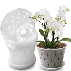 Lanccona Orchid Pot, 7 Inch 8 Pack Orchid Pots with Holes and Saucers, Clear Plastic Plant Pot Indoor