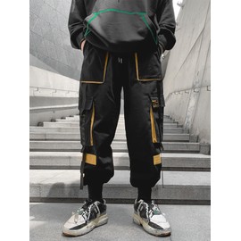 Ambcol Men's Jogger Pants Techwear Hip Hop Harem Pants Streetwear Tactical Track Pants with Drawstring Black-Yellow Medium