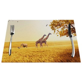African Giraffe Placemats Set of 4, Giraffe Elephnt African Grass Plains Golden Placemats Heat Resistant for Dining Table Non-Slip 18x12 Inches
