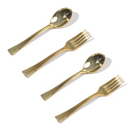 48Pcs Party Disposable Plastic Mini Forks and Spoons Set Polished Gold Cutlery Plastic Tasting Spoons Flatware Forks and Spoons for Small Appetizers and Desserts, Gold