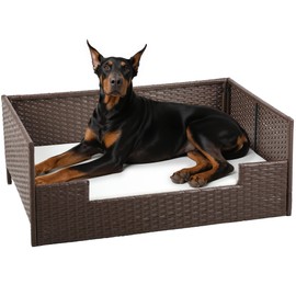 DWVO Rattan Dog House Outdoor Indoor with Cushion, Wicker Dog Sofa Bed for Small, Medium, and Large Dogs, 38.6''L*26.4''W*15''H, Beige