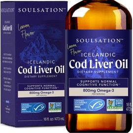SOULSATION Icelandic Cod Liver Oil Liquid, Lemon (16oz) - Vitamins A & D, EPA & DHA - Helps Vision, Skin Membranes & Immune Function - MSC Certified, Non-GMO