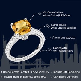 Gem Stone King 925 Sterling Silver Yellow Citrine and White Created Sapphire Ring For Women (3.87 Cttw, Cushion 10MM, Gemstone Birthstone, Available in size 5, 6, 7, 8, 9)