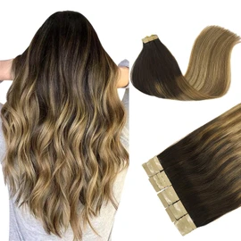 DOORES Tape-In Real Hair Extensions, Dark Brown to Chestnut Brown and Dirty Blonde Highlights, 50 cm (20 Inches), 50 g, 20 Pieces, Straight Hair, Remy Hair Tape