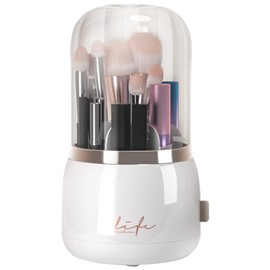 Veki 360 Degree Rotating Cosmetic Make Up Organiser, Storage Container with 6 Compartments for Cosmetic Brush Holder with Clear Acrylic Lid, Suitable for Washrooms, Bathrooms, Dressing Tables (White)