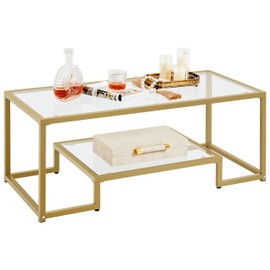 Yaheetech Gold Coffee Table, 42" Rectangular Glass Coffee Table for Living Room, 2-Tier Center Tea Table with Metal Frame for Small Space, Apartment, Office
