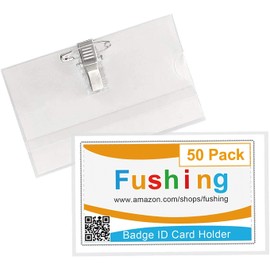 Fushing Pin Style Combi Clip Horizontal Name Badge Holders with Inserts Fit Card Size 3.38 x 2 Inch (50 Pack)