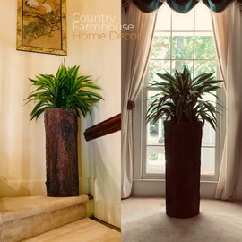 Country Corner Vintage Plant and Fern Stand. Unique Indoor Stump Planter and Flower Pot. Tall Rustic Indoor Cement Resin Flowerpot.
