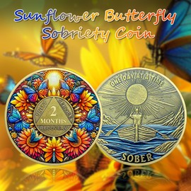 IELCJJ 2 Month Sobriety Coin, Delicate Sunflower Sobriety Chip Colorful Butterfly AA Coin and Medallions One Day at A Time Sober Token Narcotics Alcoholics Anonymous Recovery Gifts for Men Women