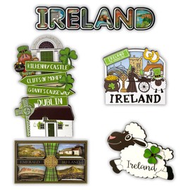SAJAK Ireland Souvenirs 3D Wooden Fridge Magnets - 5 Pack Assorted Irish Attractions & Symbols | Gifts from Ireland Home Decor | Kilkenny Castle, Cliffs of Moher, Shamrock UK Travel Keepsake