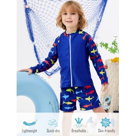 5T Boys Rash Guard Long Sleeve 4T Kid Swimsuit Toddler Swim Set with Short Sun Protection 2-Pieces Shark Zip Bathing Suits Blue 4-5 Years,Water Sport