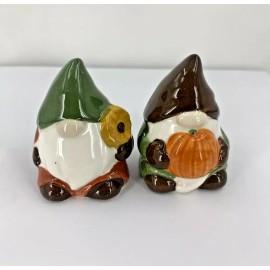 Cracker Barrel Fall Gnome Pumpkin Mini Salt & Pepper Shakers Stoneware Set