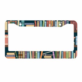 Nicokee Decorative License Plate Frame Cartoon Library Book Shelf Bookworm Car Tag Frame Aluminum Auto License Plate Holder for Men Women