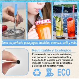 Conjunto de 8 Popotes de Acero Inoxidable, Pajitas Reutilizables con Bolsita de Tela y Cepillo para Limpiar, Popotes Reusables con Fundas de Silicona, Pajitas de Metal para Cócteles Jugos (Naranja)