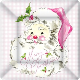 Boston International Paper Plates Square |Appetizer + Dessert Size, 7 x 7-Inches, Pink Santa, 8-Count