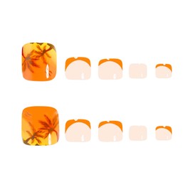 Short Press on Toenails Orange French Tip Fake Toe Nails Summer Coconut Tree Toe Nails Seaside Beach Designs False Toenails Square Toe Nails Press ons 24Pcs Glossy Acrylic Toenails