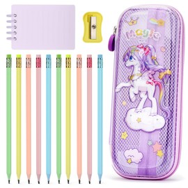 OPPZZIT Pack of 10 Pencils with Eraser, Kawaii Pencil Case Unicorn 2 Compartments and Pen Holder Inside, Pencil Set Children with Pencil Case & Notebook, Unicorn Gifts for Girls 4 5 6 Years, Purple