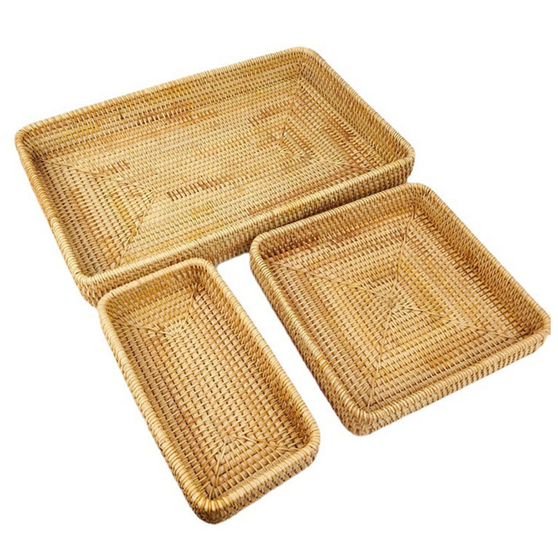 Rattan Tray Tabletop Organization Hand Woven Snack Storage Basket Multifunctional