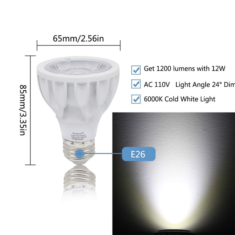Rowrun PAR20 12W Narrow Flood Light Bulb E26 Dimmable LED