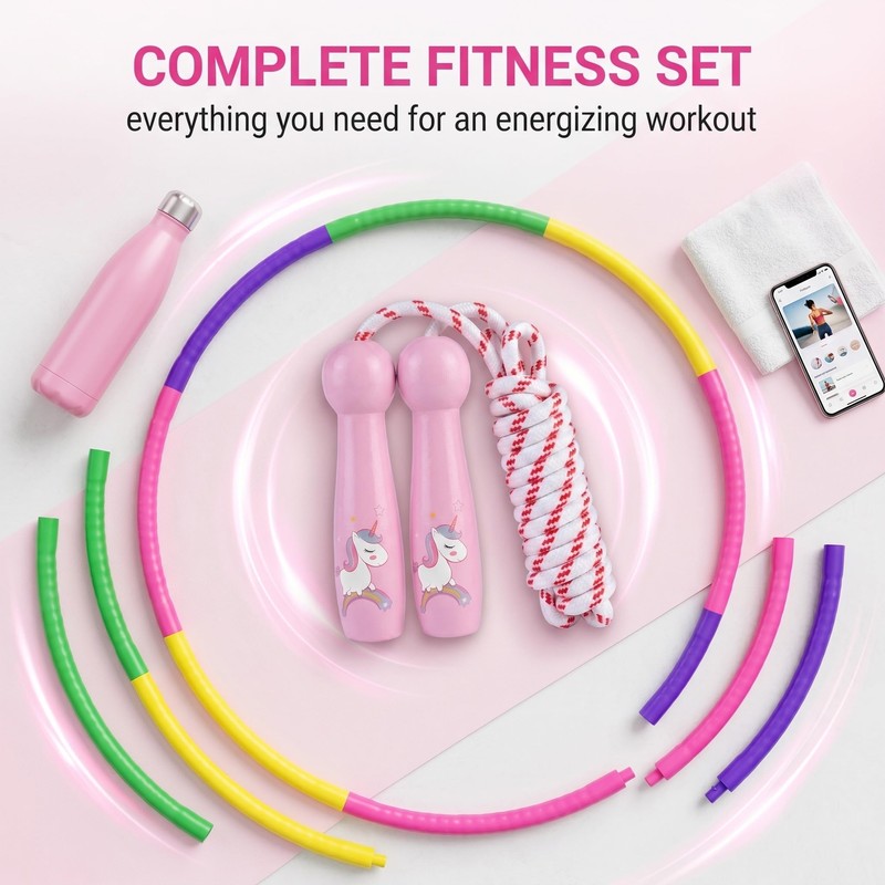 Detachable Weighted Fitness Hoop Combined with Pink Unicorn Skipping Rope,
