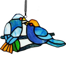 Bieye W10050 a Pair of Bluebirds on Branch Tiffany Style Stained Glass Sun Catcher Window Hangings with Chain and Suction Cup Hook, 8" W x 5" H, Blue