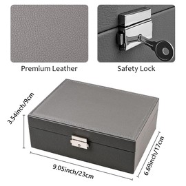 Yatinkim Jewelry Organizer Container for Women PU Leather Storage Case Lockable Double Layer Rings Earrings Bracelets Watch Necklace Display Box Gray