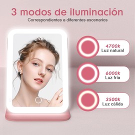 Espejo para Maquillaje con Luz Led, Espejo de Maquillaje de Viaje con Pantalla Táctil, 3 Colores de Luz, 56 Luces LED, Intensidad de luz Ajustable, Carga USB, Ideal para Viajes y Oficina (Negro)