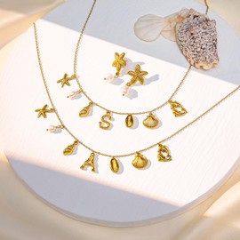 PYXXcat Gold Bubble Letter Charm Necklace Initial Sea Shell Necklaces for Women Starfish Pearl Earrings Trendy Beach Boho 18K Gold Plating Jewelry set for Women A-Z Letter Chain surf Gift (P)