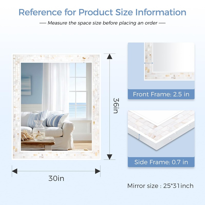 Tanmicoshomy 30 x 36 Inch Rectangle Wall Mirror, Natural Shell