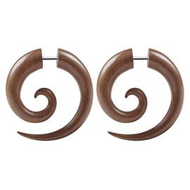 Organic Sawo Wood Fake Spiral Plug Earrings with 16g Steel Post, Sold as Pair, Wood
