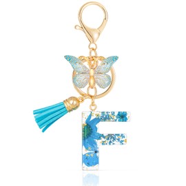MWOOT Initial Letter F Keychain Resin Alphabet Keyrings,Blue Petals Gold Foil Key Ring Charm with Butterfly Tassel Pendant,Kawaii Key Chain for Womens Gift Ideas Wallet Purse Bag Handbag Decor (F)