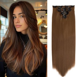 Swy Hair Clip in Hair Extensions Body Wave 7Pcs Straight Hair Synthetic Hair Extensions (S-Light Brown, Straight)