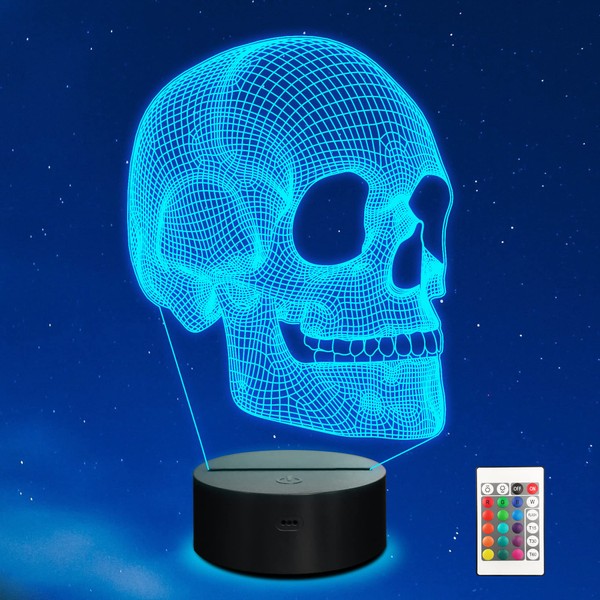 Ammonite Skull Night Light for Kids, 3D Illusion Lamp LED Desk Table Lamp 16 Colors Change with Remote Control and Timing Function, Best Christmas Halloween Birthday Gift for Child Baby Boys