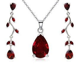 Crystalline Azuria Women 18ct White Gold Plated Teardrops Red Zirconia Crystals Set Necklace 17.7 inches Dangle Earrings