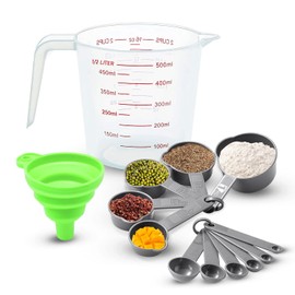 13 PCS Cucharas Medidoras y Tazas Medidoras, con Embudo Plegable (Gris) | Set de Tazas y Cucharas Medidoras con Mangos, Apilables, Herramientas de Medición de Cocina para Medir Líquidos y Condimento