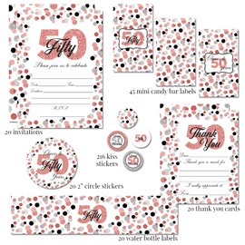 Deluxe Cheers to 50 Years Milestone Rose Gold Confetti Polka Dot 50th Birthday Party Bundle Includes 20 Invitations & Thank You Cards & Envelopes + 3 Sizes of Stickers & Water Bottle Labels!
